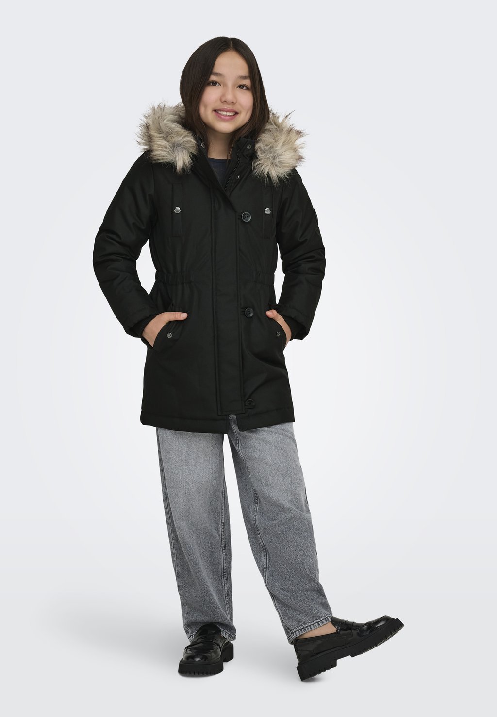 Girls' parka with faux fur - black