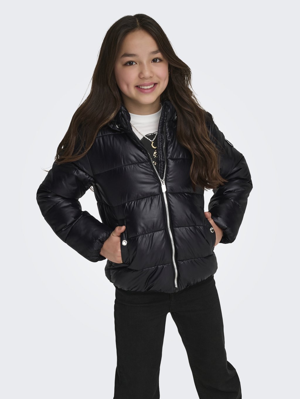 Girls' winter jacket - black/silver trim