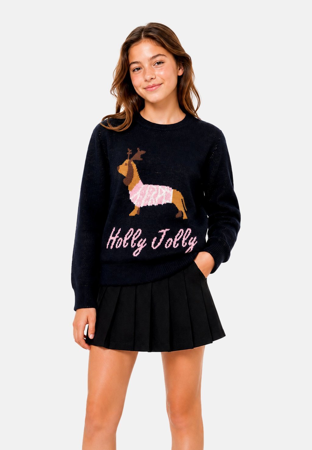 Girls' crew-neck Christmas jumper - night sky pattern dog