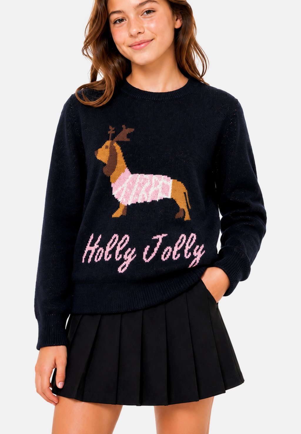 Girls' crew-neck Christmas jumper - night sky pattern dog